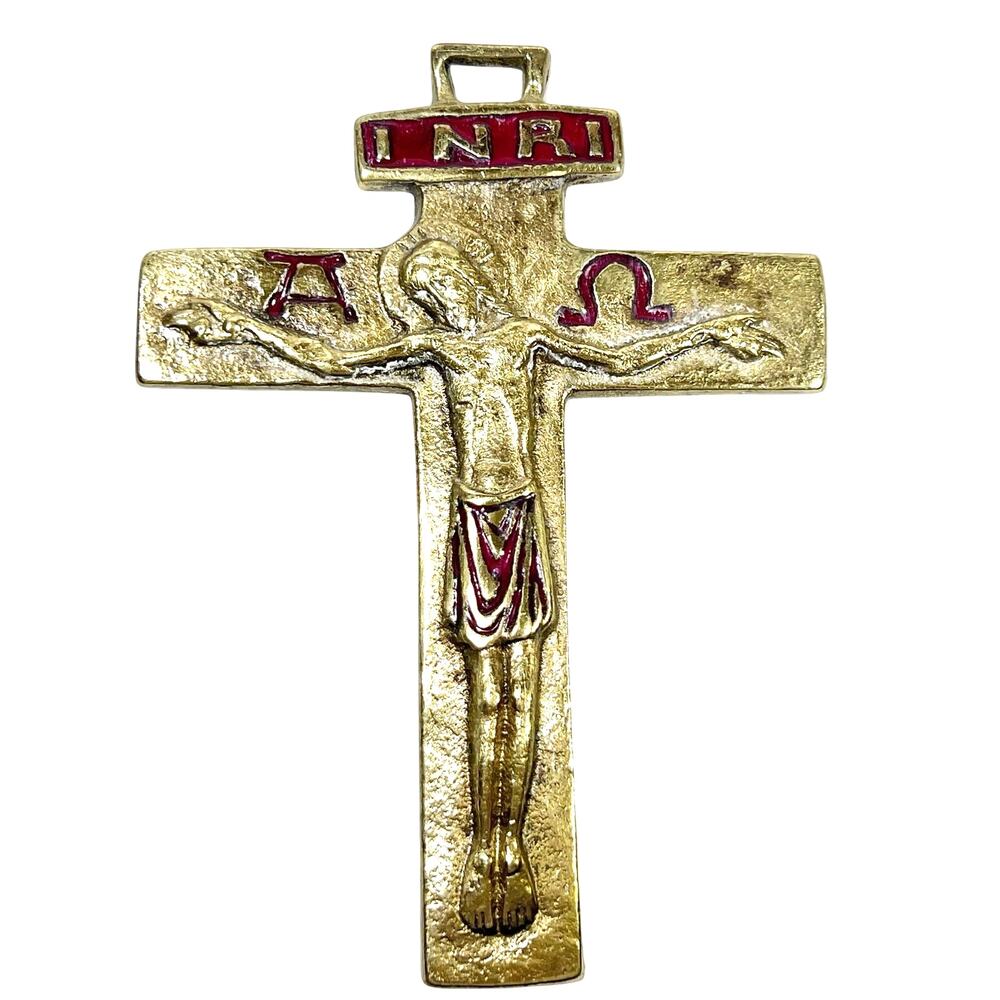 Vintage Bronze Crucifix Cross Enamelled Alpha Omega Medieval-style Romanesque